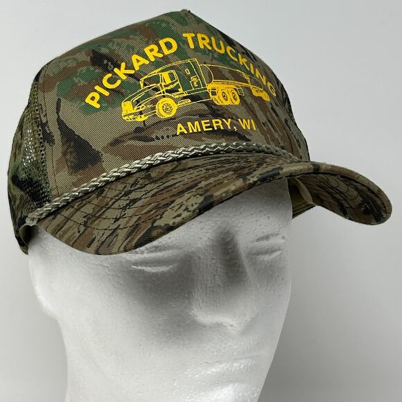 Vintage 90s Pickard Trucking Trucker Hat Baseball Cap Camo Mesh Snapback Green - Picture 9 of 9